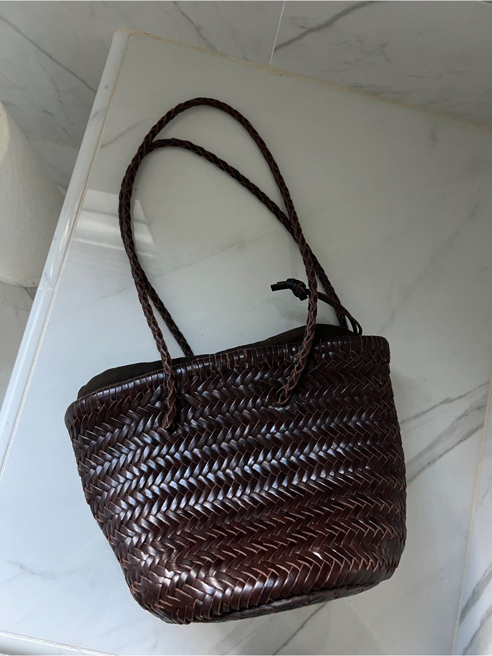 Woven Leather Tote Bag in Dark Brown